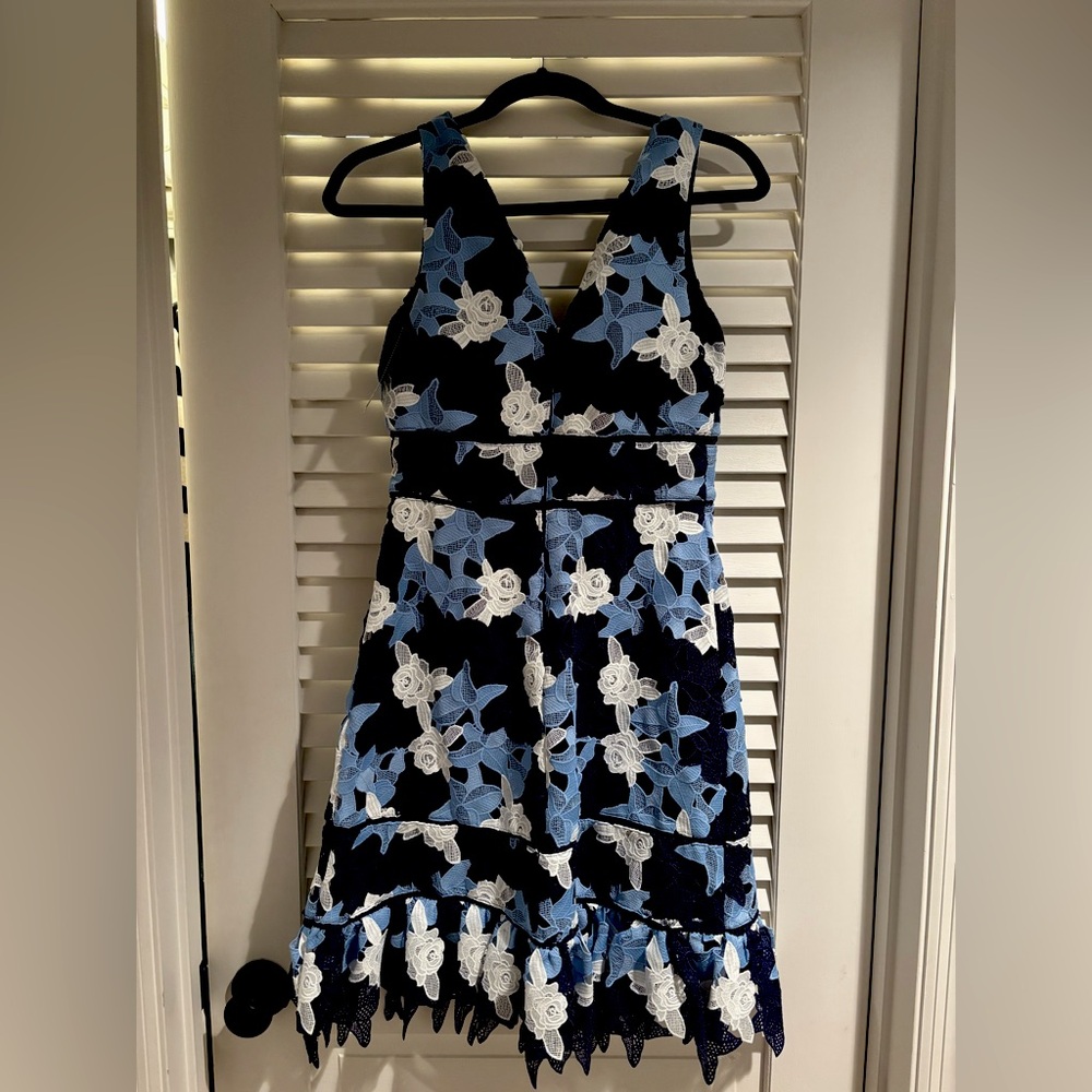 Vineyard Vines Black Midi Dress with Blue and White Floral Lace